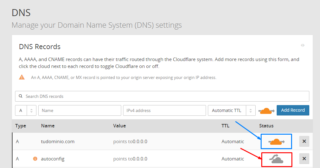 Administración de CloudFlare para configurar tus nombres de dominio